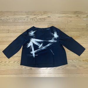 PIAZZA SEMPIONE Black Top with White Paintbrush Print Blouse - Made in Italy